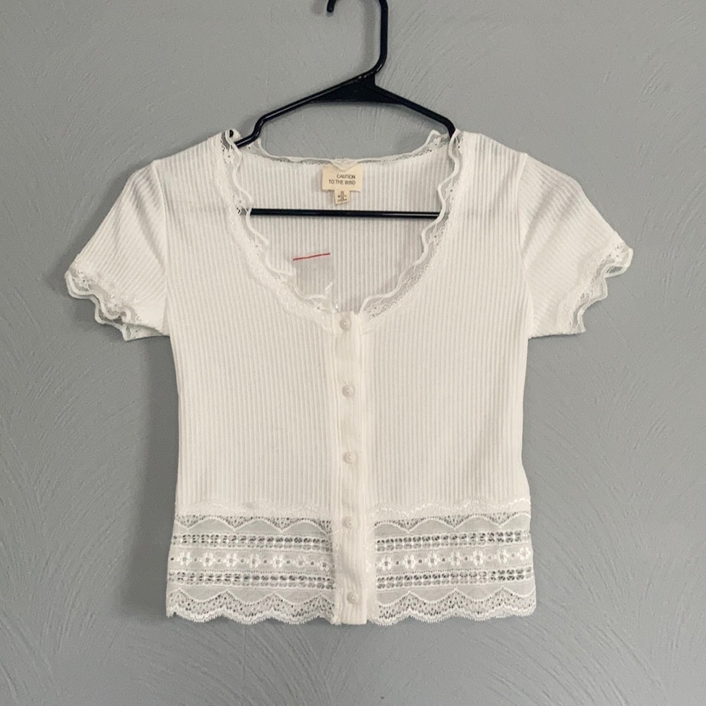 Caution to the Wind White Ribbed Knit Lace Button Up Crop Top